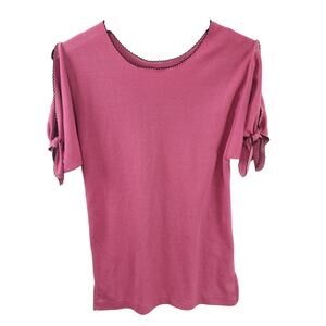 Pink Scalloped Trim Bow Sleeve Top Cold Shoulder - One Size